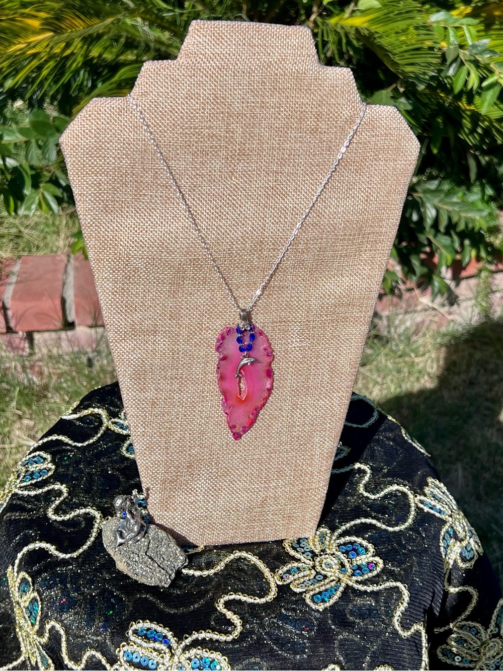 Pink Agate Dolphin Pendant Necklace with Blue Accent Beads